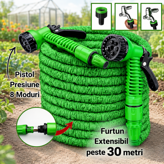 Furtun extensibil 30m pentru gradina + CADOU Pistol cu 8 moduri de Udat